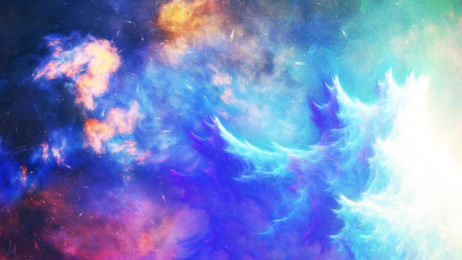 Un primer plano de una colorida pintura de un pájaro en el cielo (espacio, colorido, olas, abstracto)