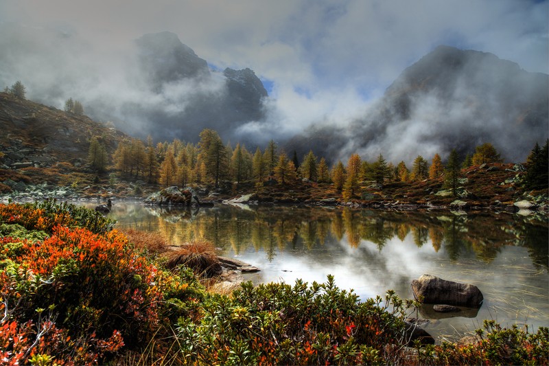 На заднем плане видны горы (природа, отражение, дикая природа, озеро, растительность)