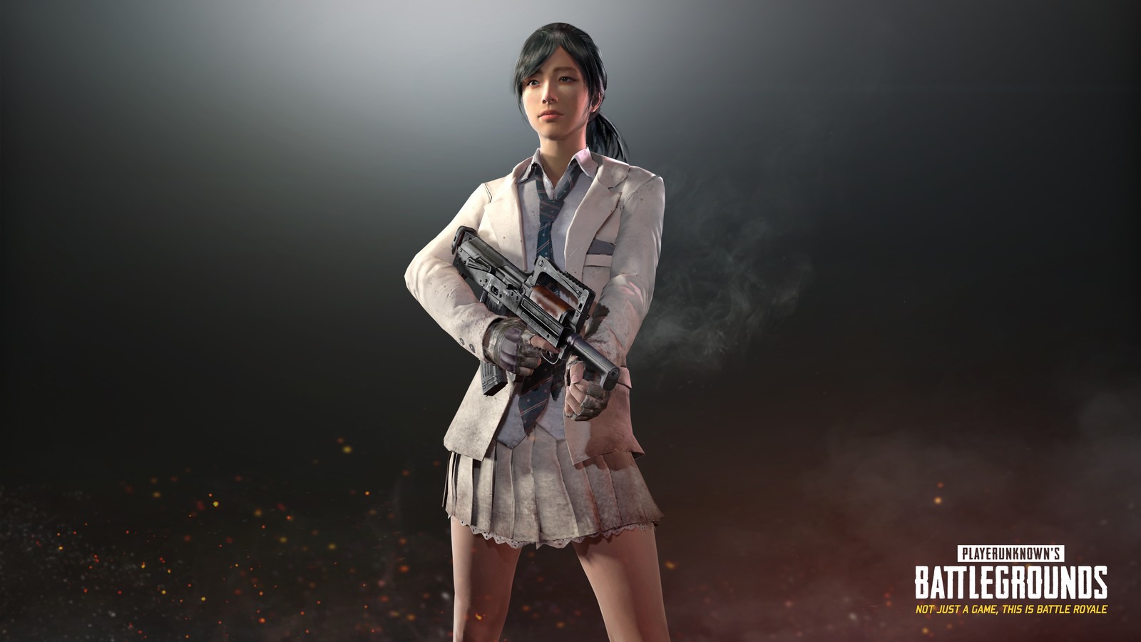 Una mujer en un traje blanco sosteniendo una pistola en una habitación oscura (playerunknowns battlegrounds, videojuego)