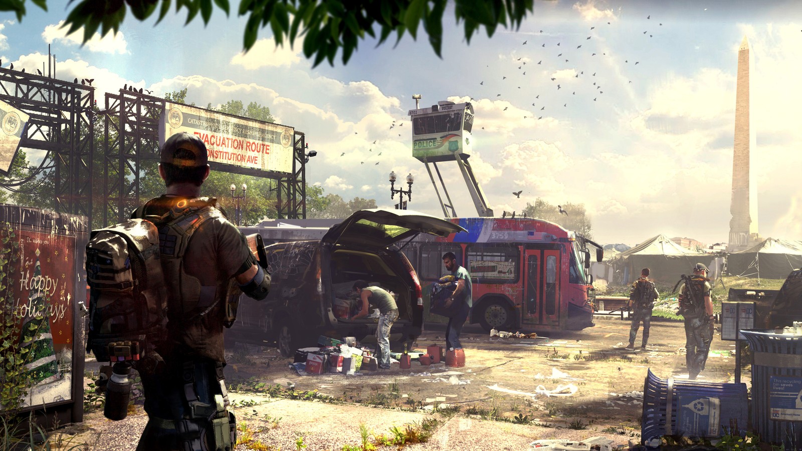 A close up of a person standing near a train on a street (the division 2, video game)