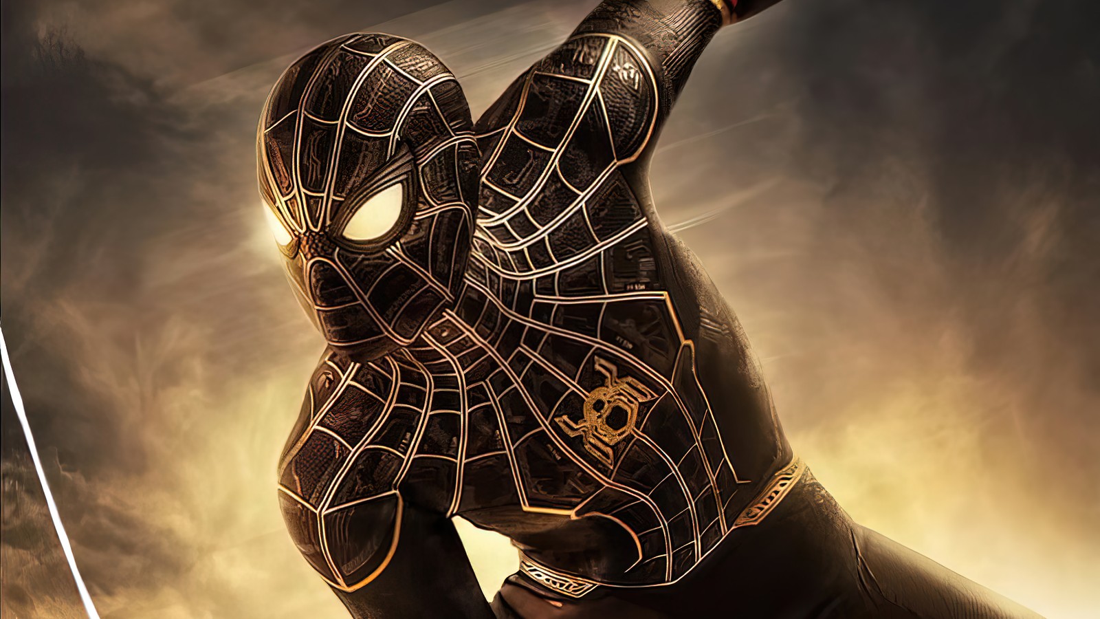 Spider-man dans un costume noir avec des accents dorés sur les mains (spider man pas de chemin à la maison, spider man no way home, film, 2021, spider man)