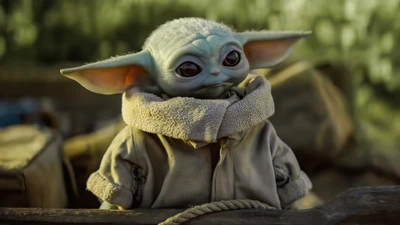 Grogu, a adorável Criança de The Mandalorian, olha curiosamente com grandes olhos em um aconchegante manto marrom.