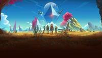 Explorers Stand Before a Cosmic Pyramid in No Man's Sky Beyond