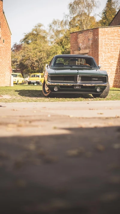 Carro clássico Dodge com reflexos no asfalto cercado por veículos vintage