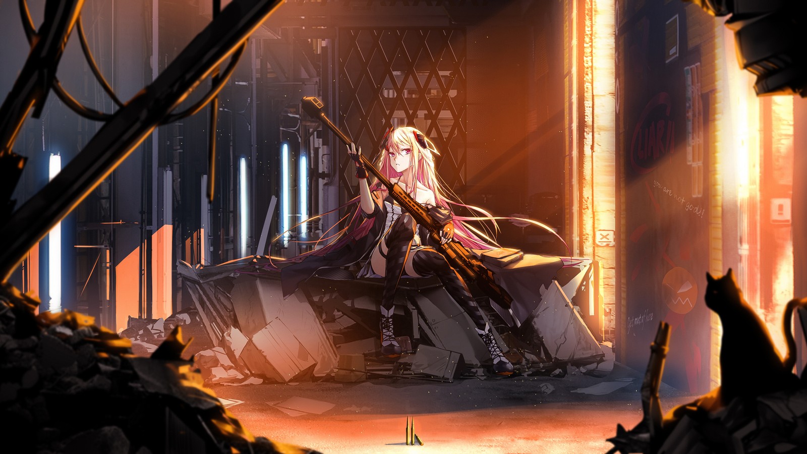 Une femme en robe longue assise sur une chaise dans une pièce sombre (anime, girls frontline, jeu vidéo, m82a1, tireur délite)