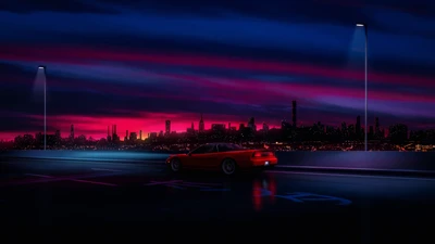 Vibrant Night Cityscape with a Red Car