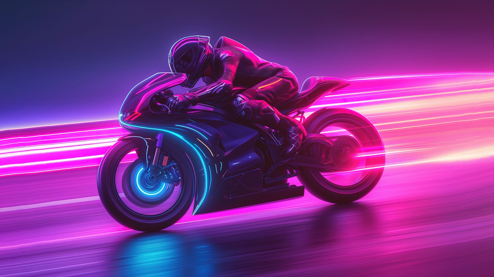 A close up of a person riding a motorcycle on a track (biker, neon background, racing, 5k, pink)