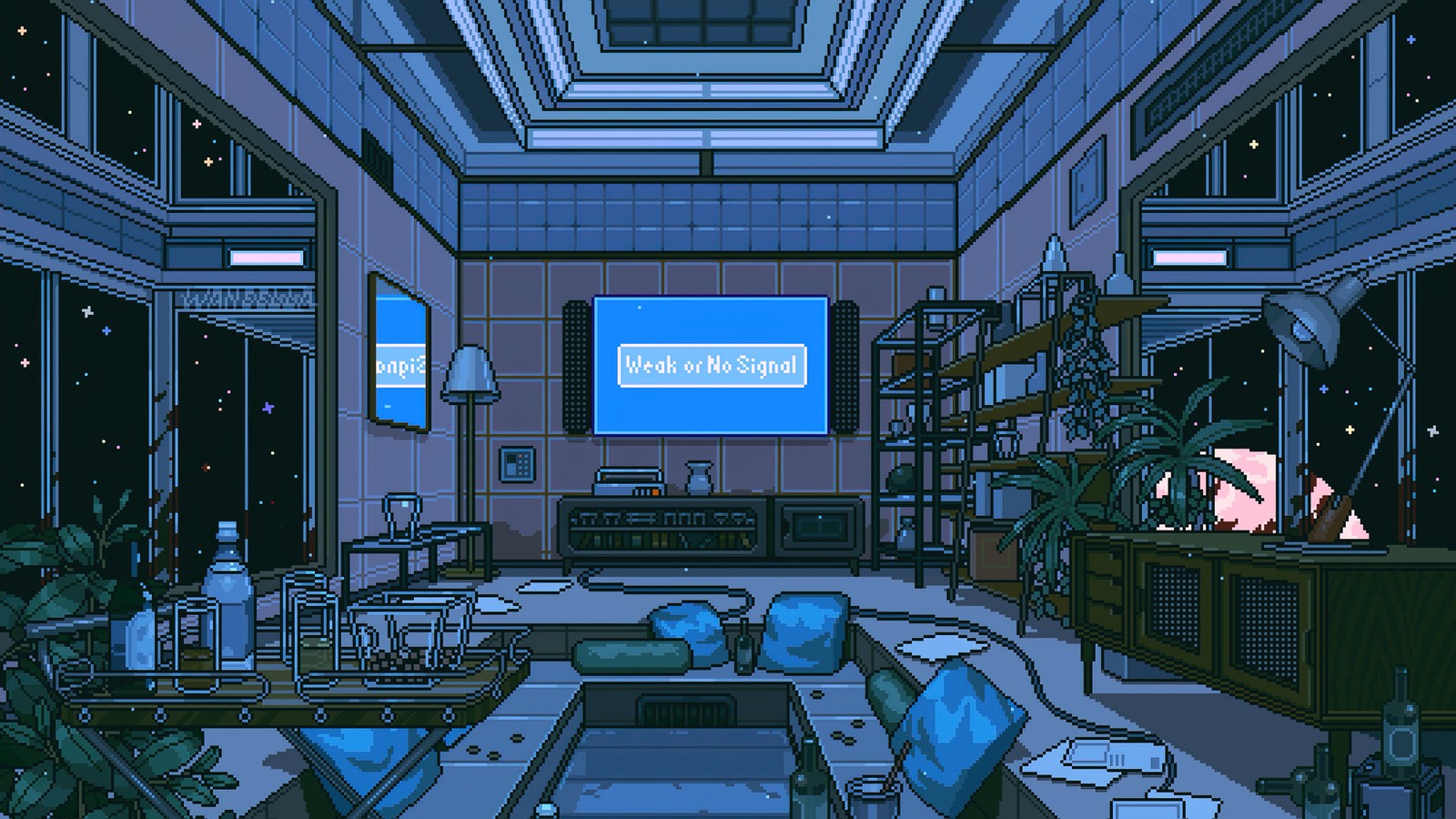 Uma imagem de cartoon de uma sala de estar com uma tv e um sofá (píxel, quarto, arte digital)