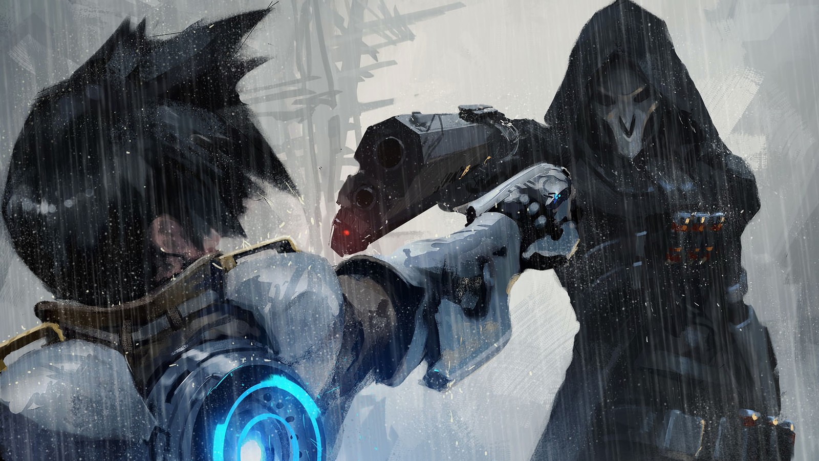 Un couple de personnes sous une tempête de pluie avec une arme (faucheur, tracer, overwatch, jeu vidéo)