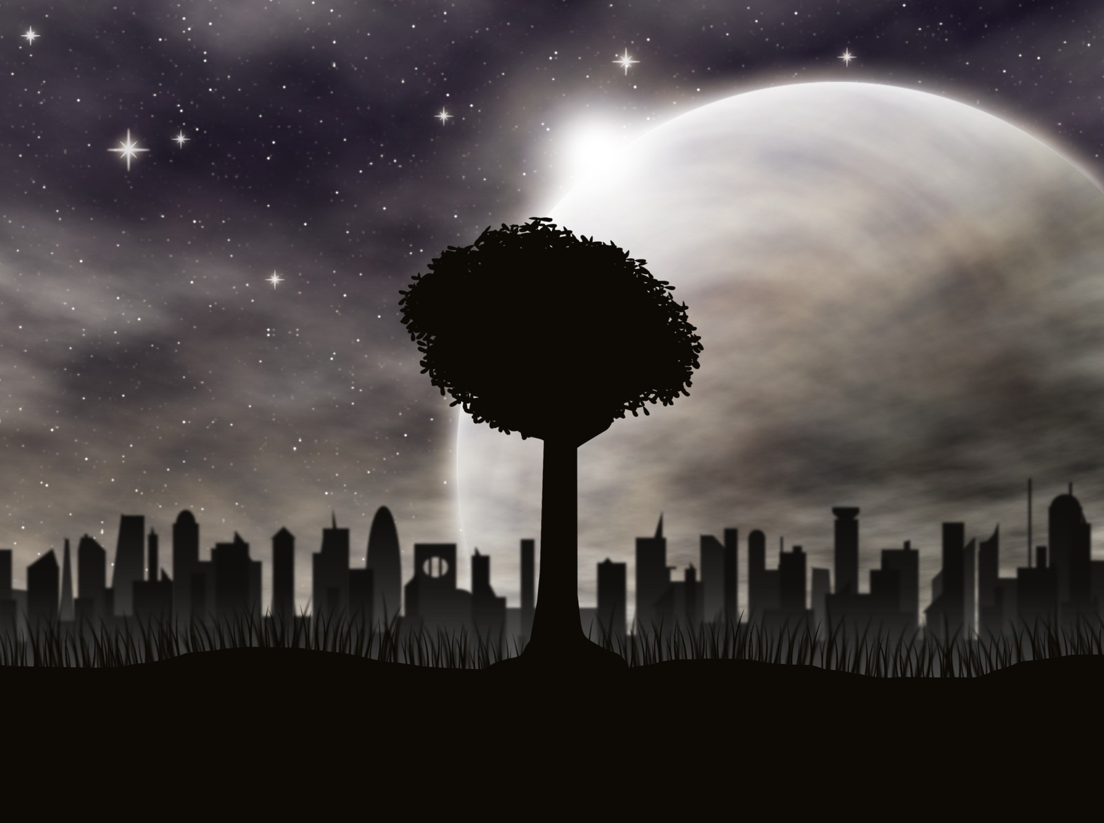 Nighttime scene with a tree and a full moon in the sky (vector graphics, silhouette, cloud, night, atmosphere)