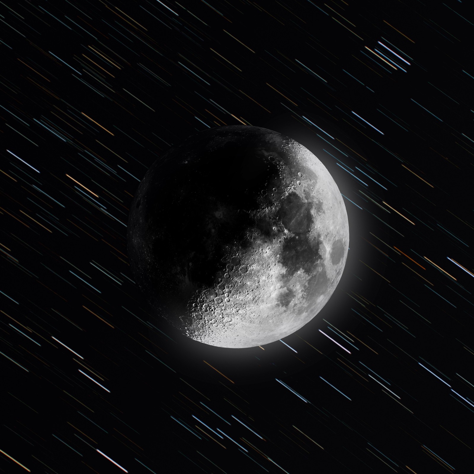 Imagen árabe de una luna llena con estrellas de fondo (luna, monocromo, fondo oscuro, estelas de estrellas, 5k)