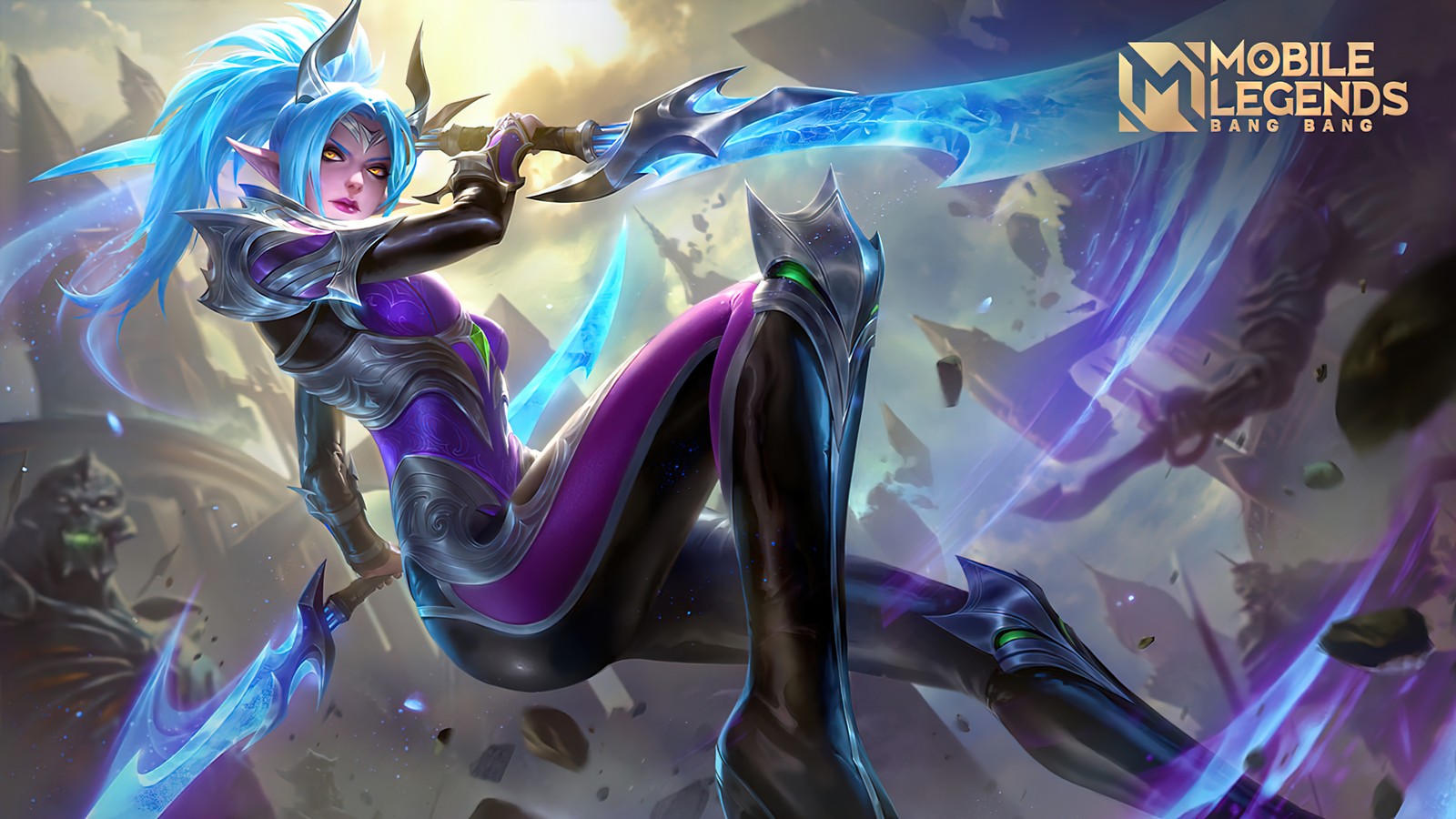 Une femme en tenue violette tenant une épée devant une foule (karina, rénové, mlbb, mobile legends, bang bang)