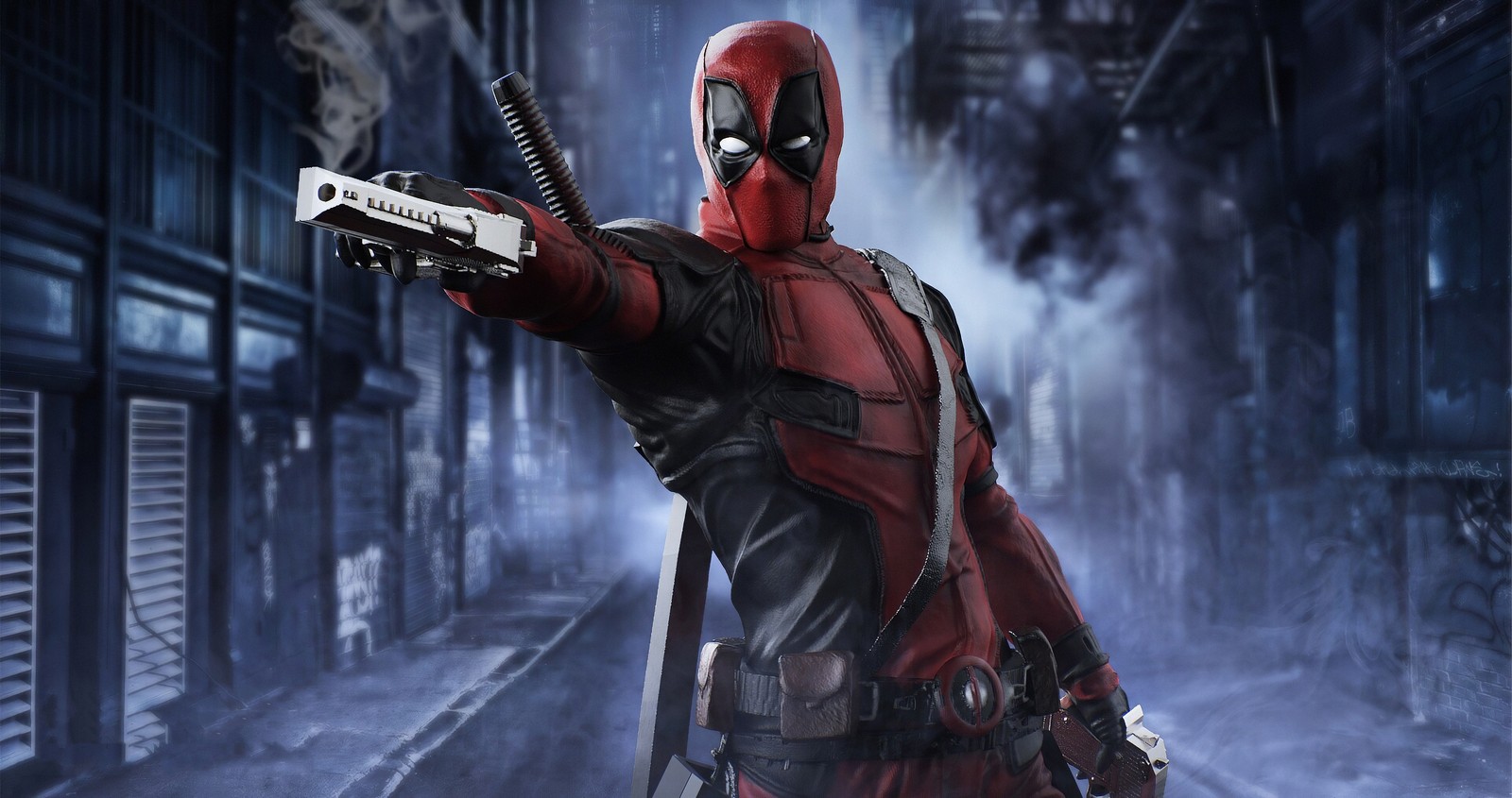 Deadpool is holding a gun in a dark alley (deadpool, digital art, superhero, art, artist)