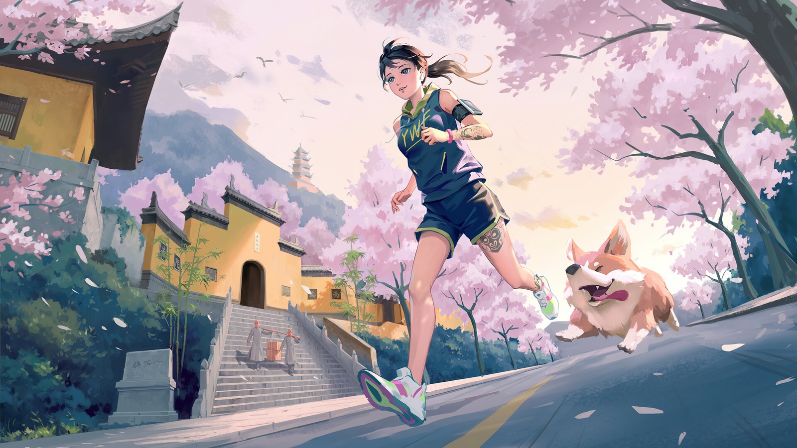 Chica de anime corriendo con su perro en la calle (niñas de anime, anime, correr, perro, corgi)