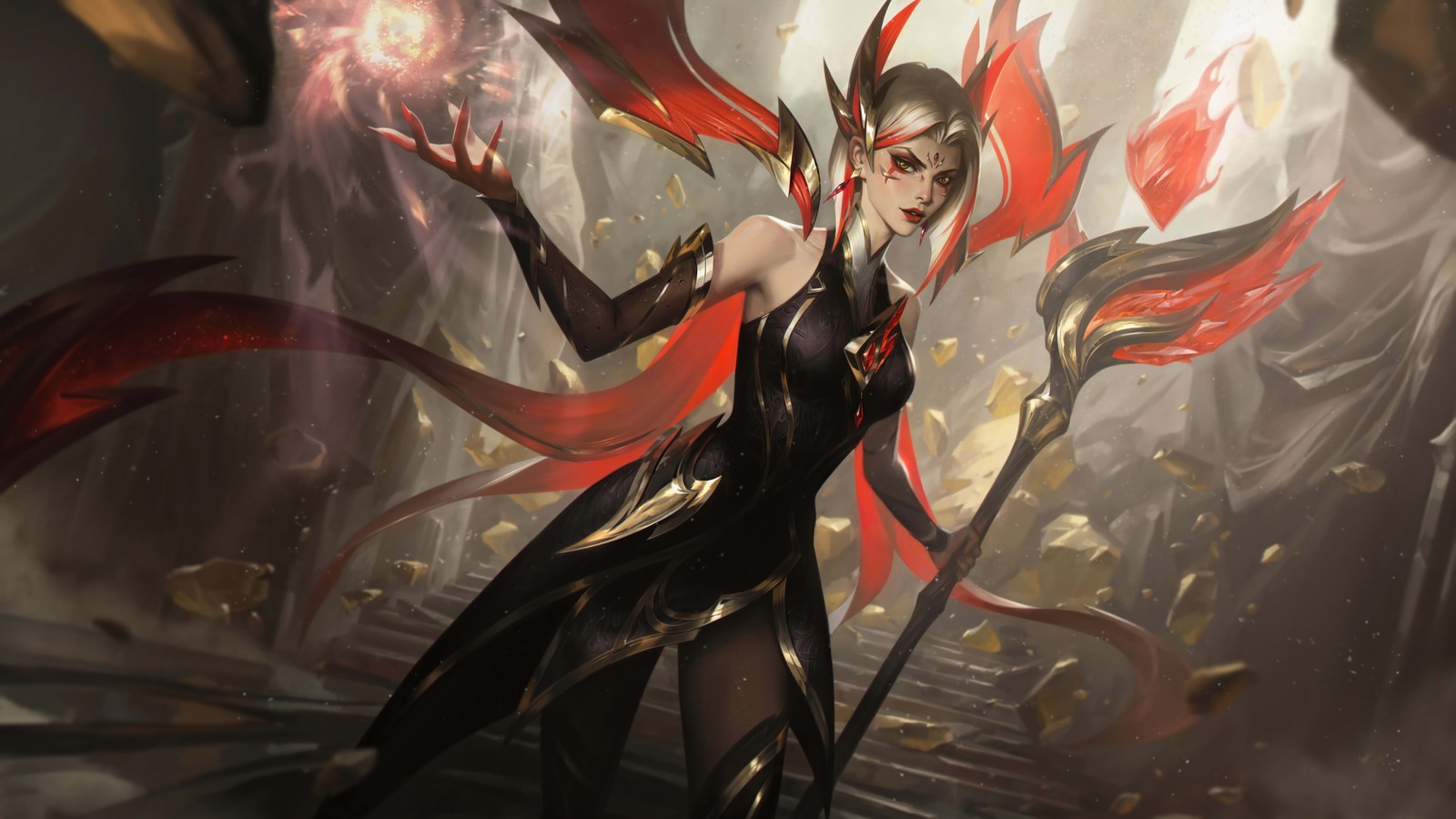 A woman in a black dress holding a red and black staff (risen legend, leblanc, skin, splash art, league of legends)