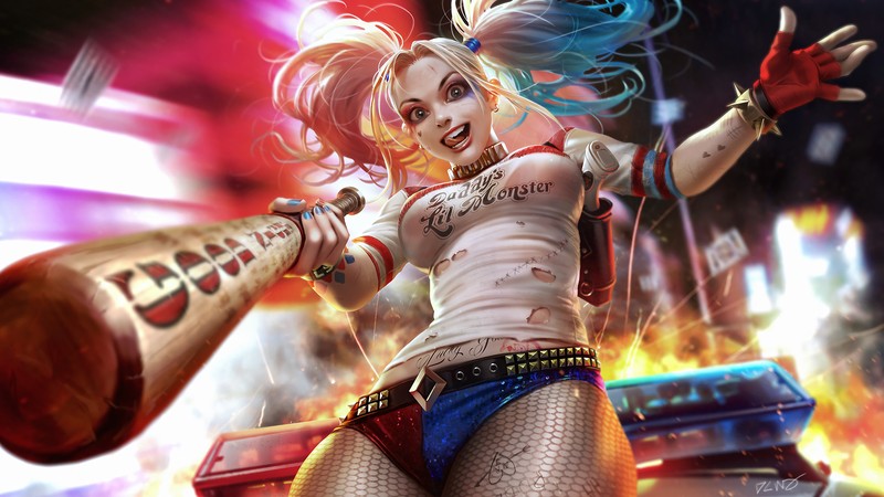 Харли играет с битой в сцене (harley quinn, dc comics, комиксы)