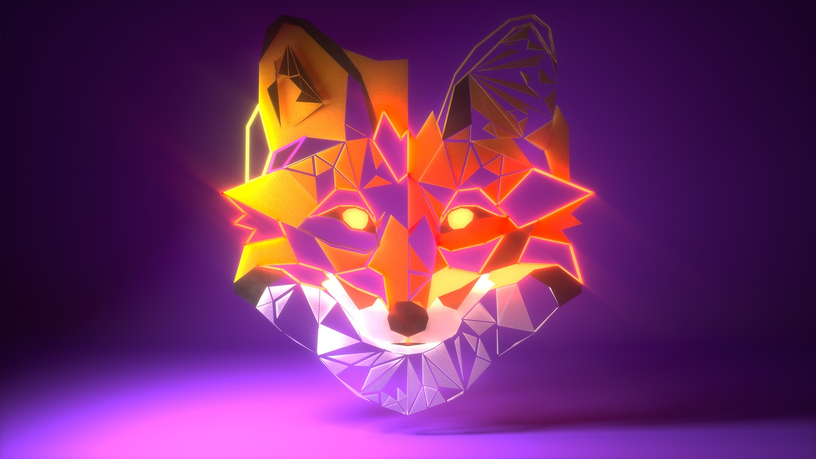 Un primer plano de una cabeza de animal colorida sobre un fondo púrpura (kitsune, firefox, fondo morado, gráficos cgi, graphics cgi)