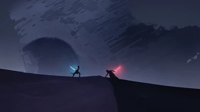 Confronto minimalista: Rey vs Kylo Ren no horizonte desértico