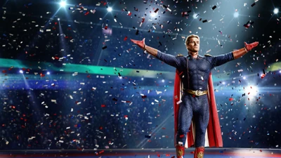 Homelander celebra la victoria entre confeti en la cuarta temporada de The Boys