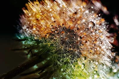 Close-up macro de flores de dente de leão com gotas de orvalho e bokeh