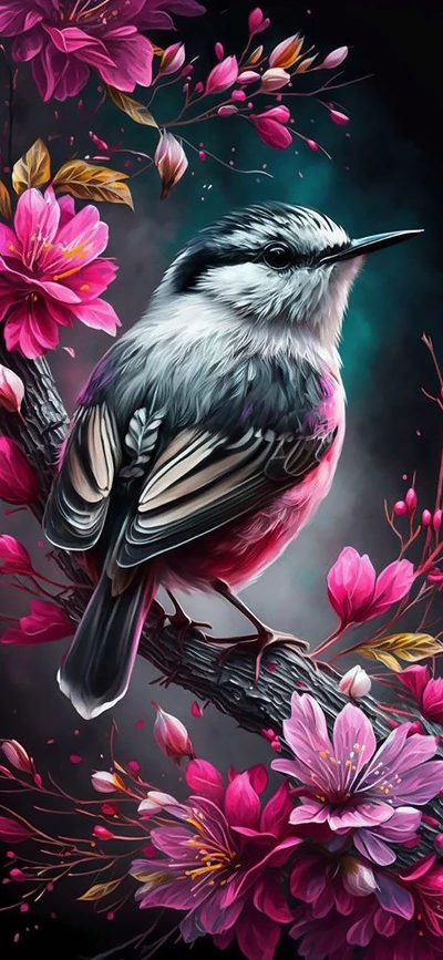 fleur, peinture, plante à fleurs, art, oiseau