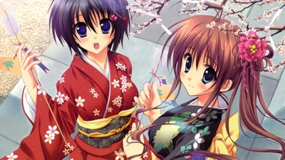 Two young women in colorful kimonos, surrounded by cherry blossoms, embody the essence of traditional Japanese culture in this vibrant model sheet illustration.