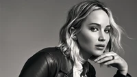 Jennifer Lawrence in a chic monochrome portrait, exuding elegance and confidence.