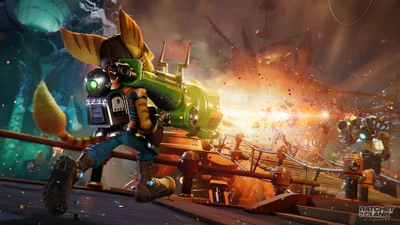 Ratchet Engaging in Action with Explosive Adventure in Rift Apart on PS5