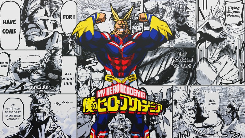 Крупный план комикса с множеством комиксов (все мощи, all might, тошинори яги, toshinori yagi, боку но хиро академия)