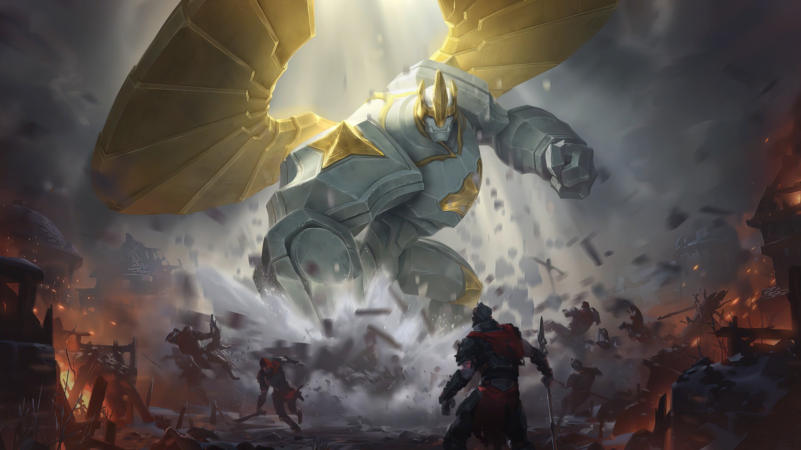 A man standing in front of a giant robot in a city (galio, league of legends, lol, legends of runeterra, lor)