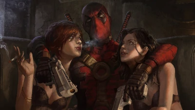 Deadpool avec deux alliés dans un style de bande dessinée