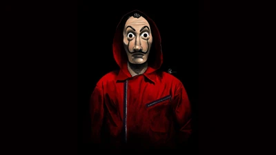 Portrait dramatique d'un personnage de "La Casa de Papel" avec un masque de Dali et un sweat à capuche rouge