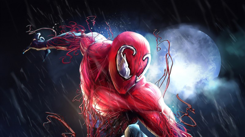 Человек-паук под дождем с полной луной за спиной (spider man, carnage, костюм, комиксы, marvel comics)