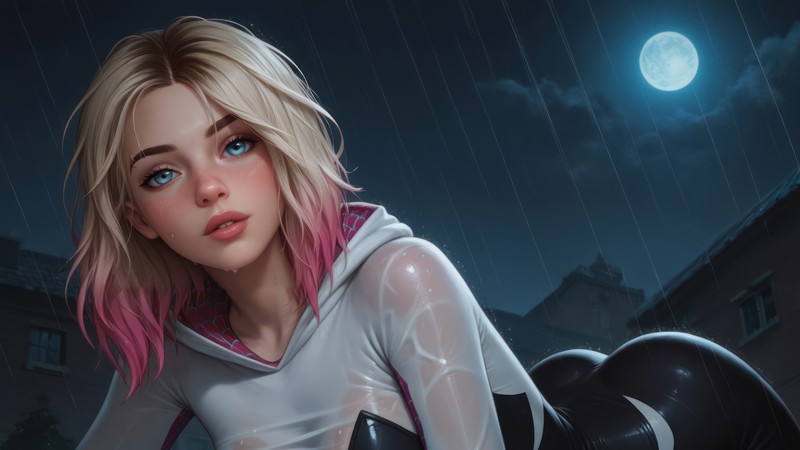 Женщина с розовыми волосами и худи сидит на мотоцикле (гвен паук, spider gwen, гвен стейси, gwen stacy, marvel)