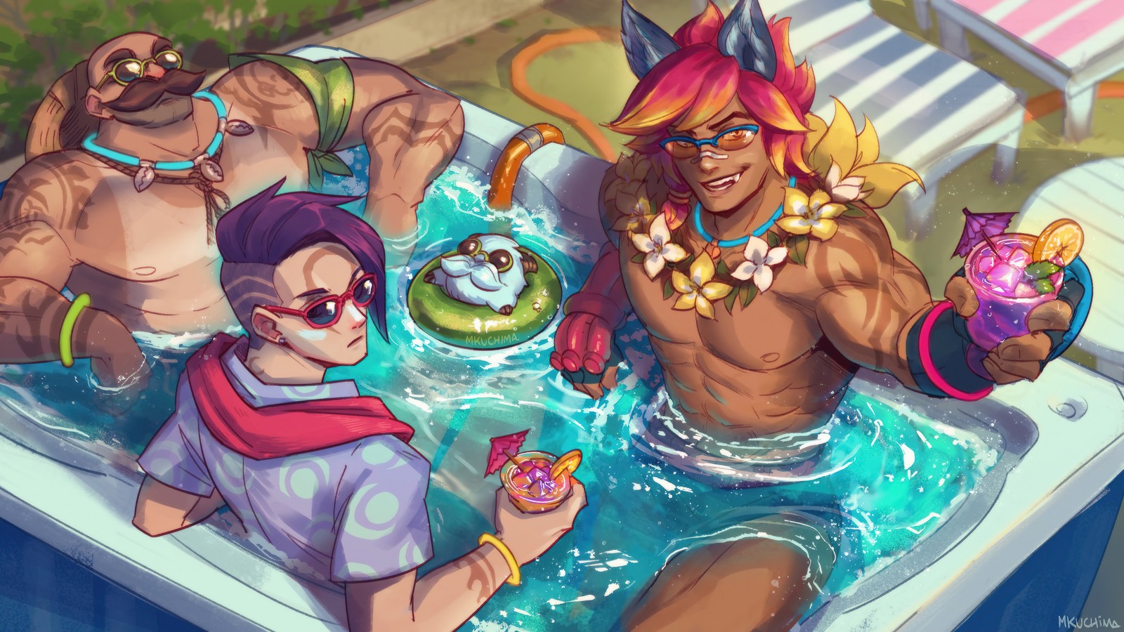 Téléchargez le fond d'écran fête au bord de la piscine, sett, braum, aphelios, league of legends