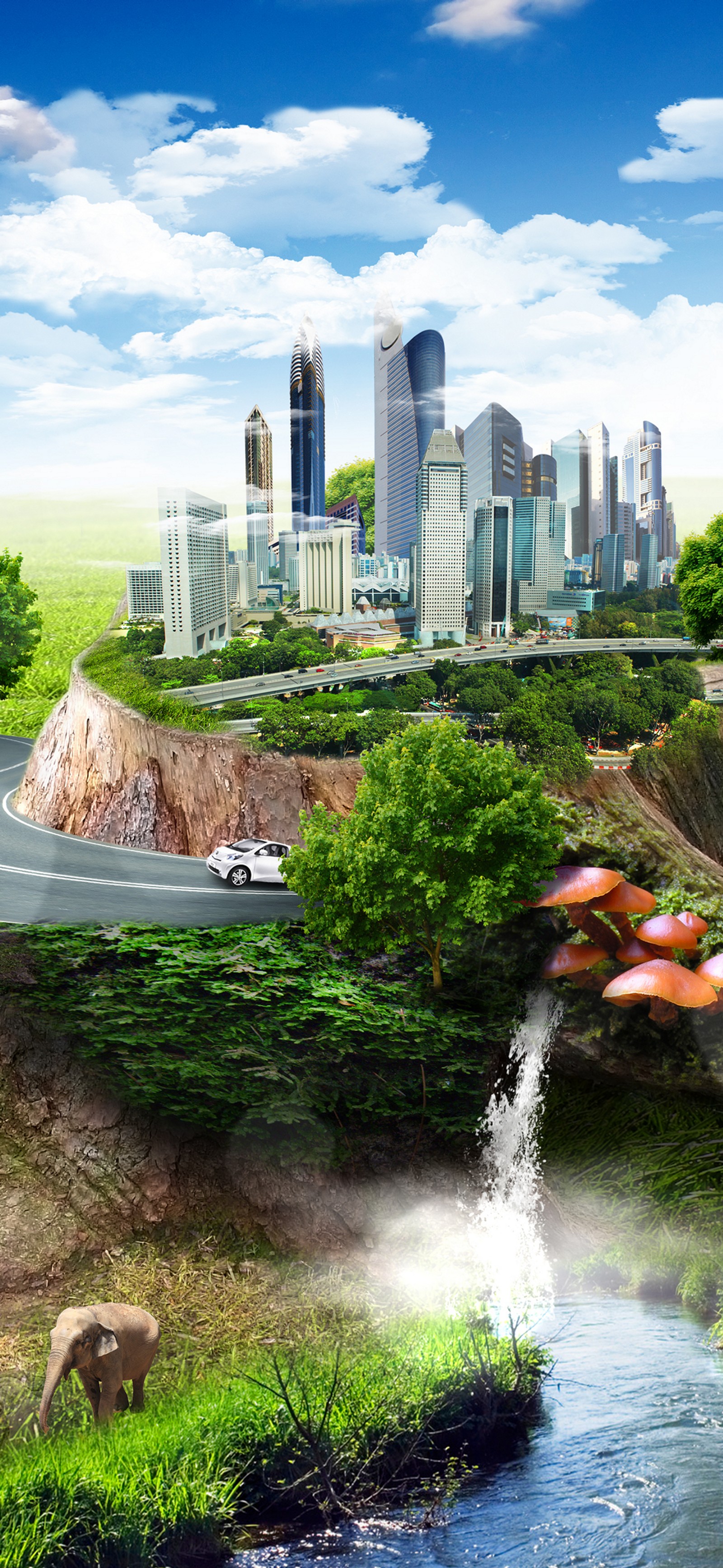 Hay una imagen de una ciudad con una cascada y un coche (naturaleza, arte, pintura, nube, edificio)