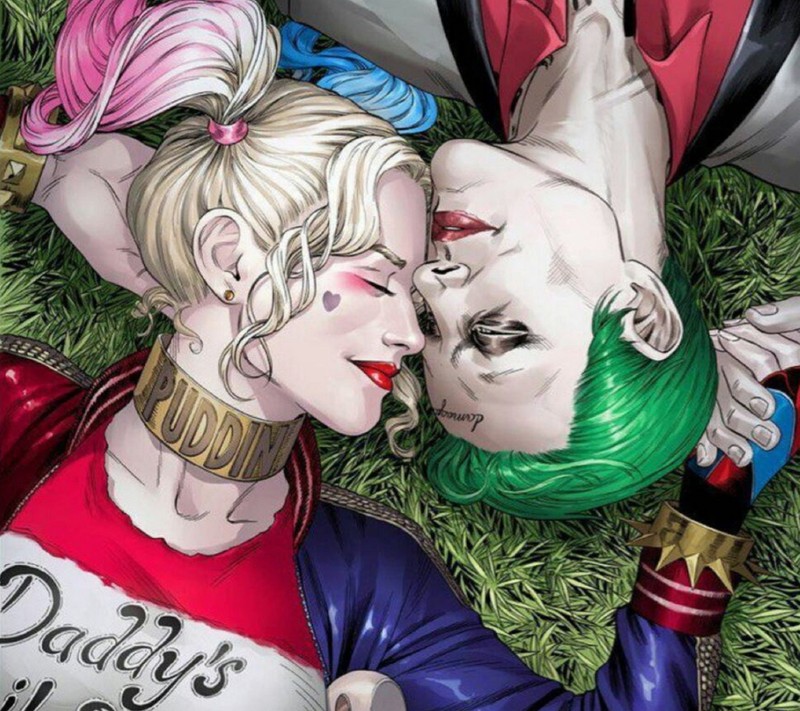 Харли и харли целуются на траве (batman, мертвый, девочка, harley quinn, джокер)