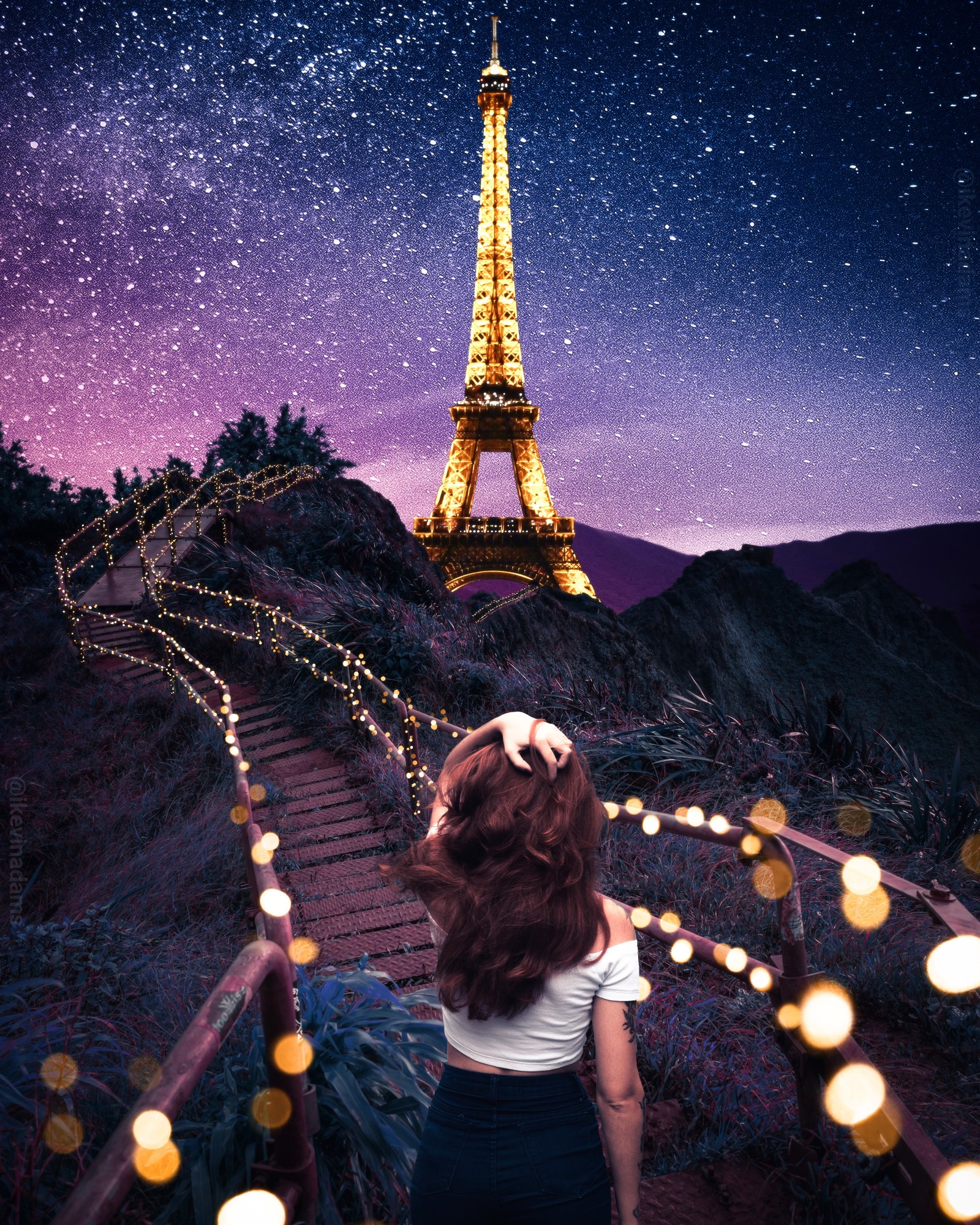 Araffe woman walking up stairs towards the eiffel tower at night (night, paris)