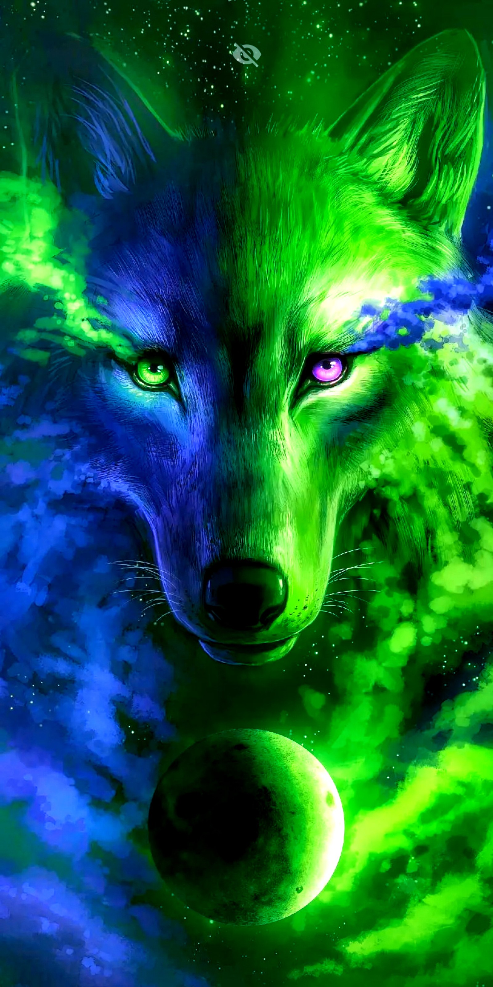 Wolf with glowing eyes and green and blue colors in the sky (blue, galaxy, wallpaper, wolf)