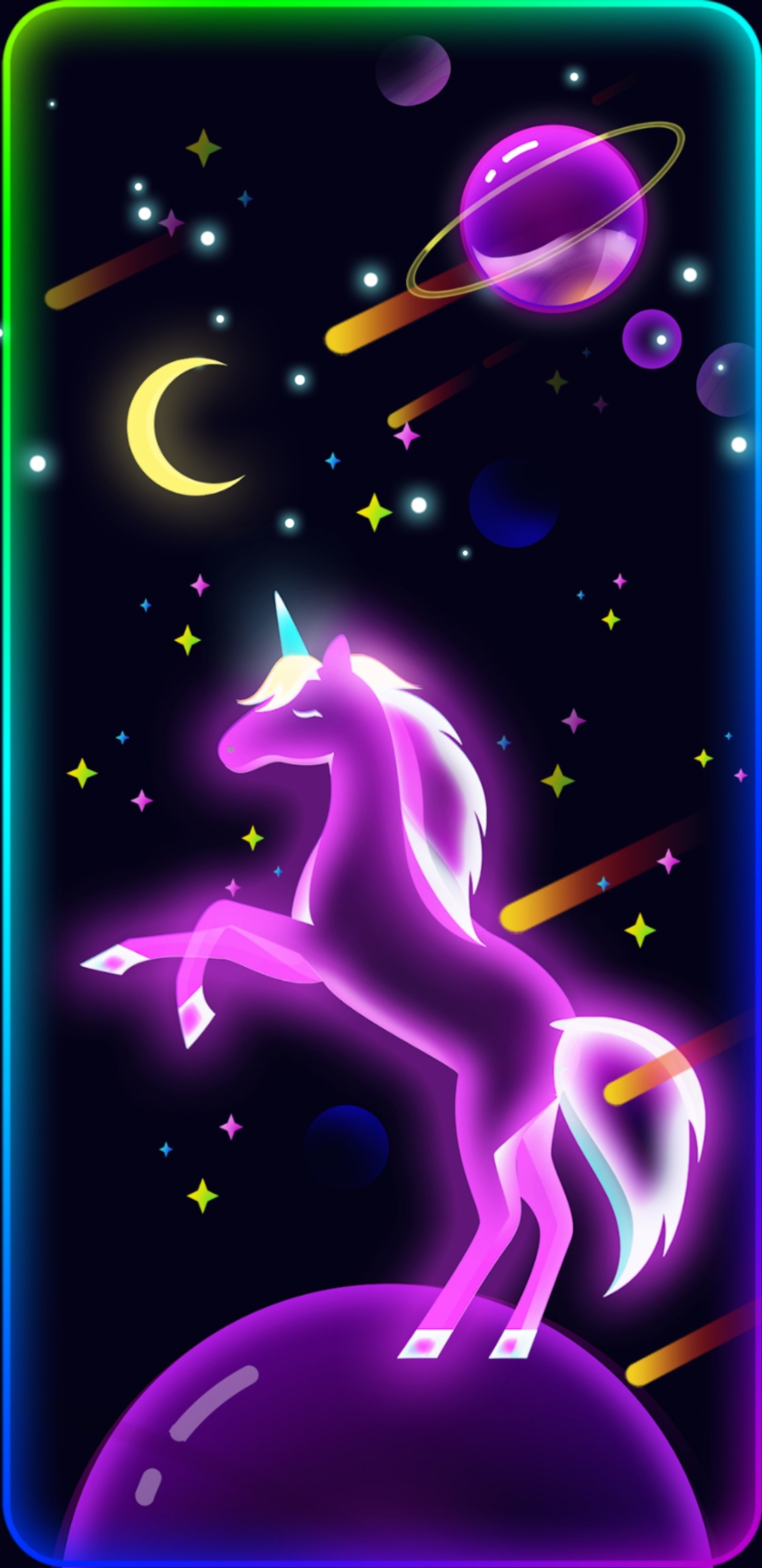 Unicornio de neon em uma cena espacial com planetas e estrelas (brilho, néon, espaço, unicórnio)