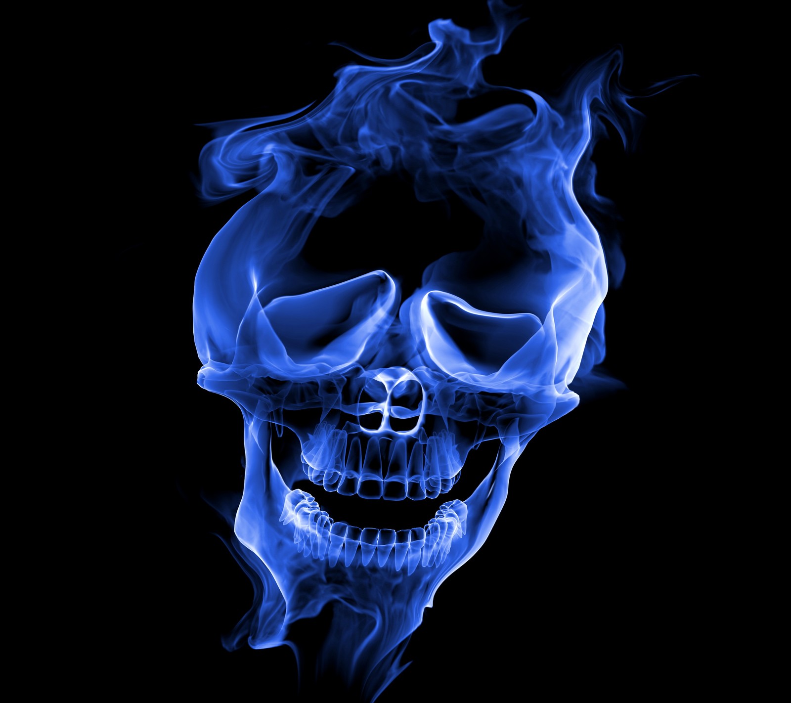 A close up of a skull with smoke coming out of it (abstract, background, blue, ghost, scary)