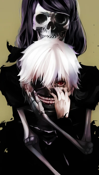 Elegancia inquietante: Kaneki Ken abrazado por el cráneo