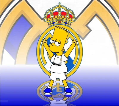 Bart Simpson celebrates in a Real Madrid jersey, showcasing a playful blend of sports and pop culture against the team's iconic logo.