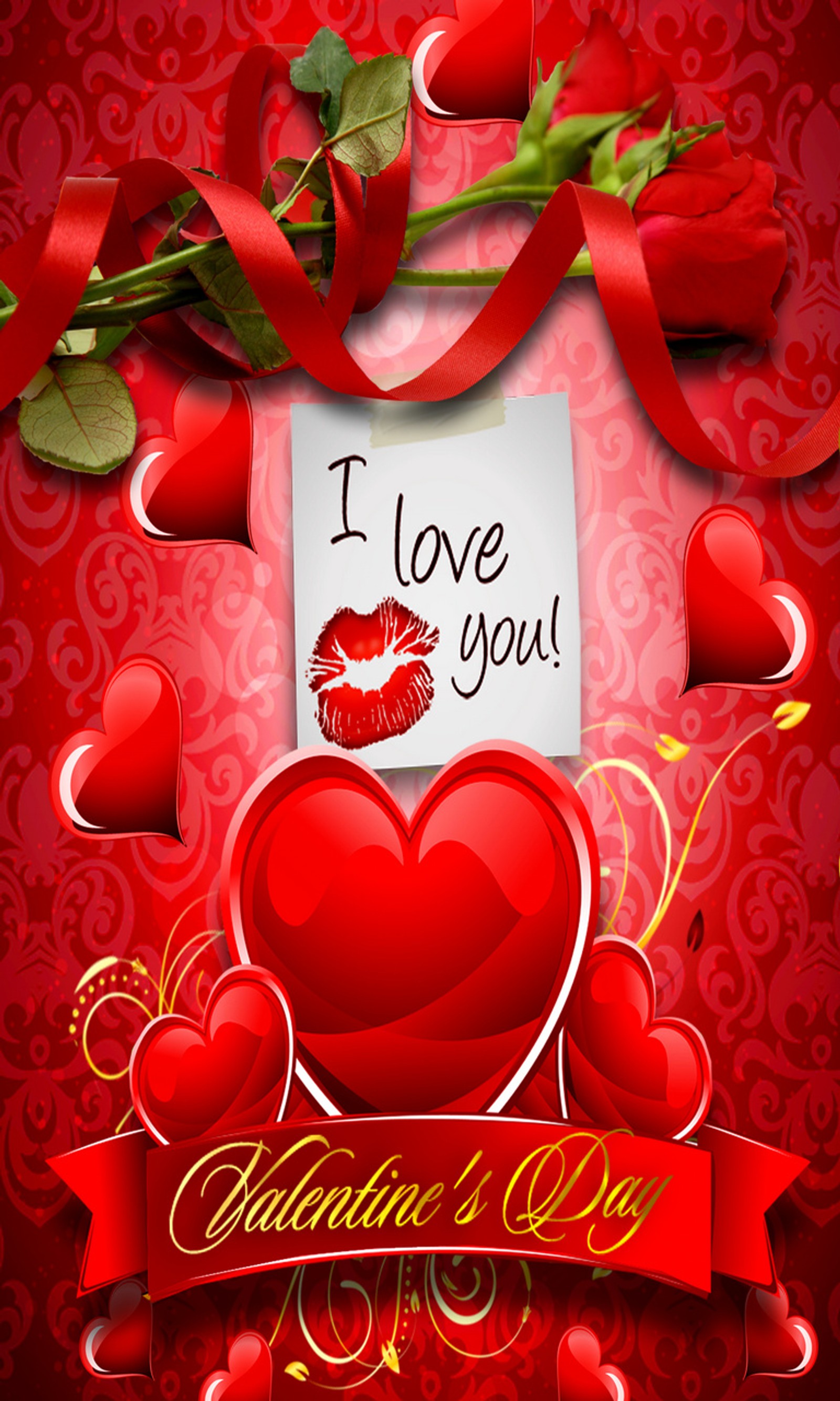 Valentines day greeting with red roses and hearts and a red ribbon (abstract background, i love you, valentine)