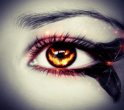 Spooky Halloween Eye with Fiery Glow and Bat-Inspired Design