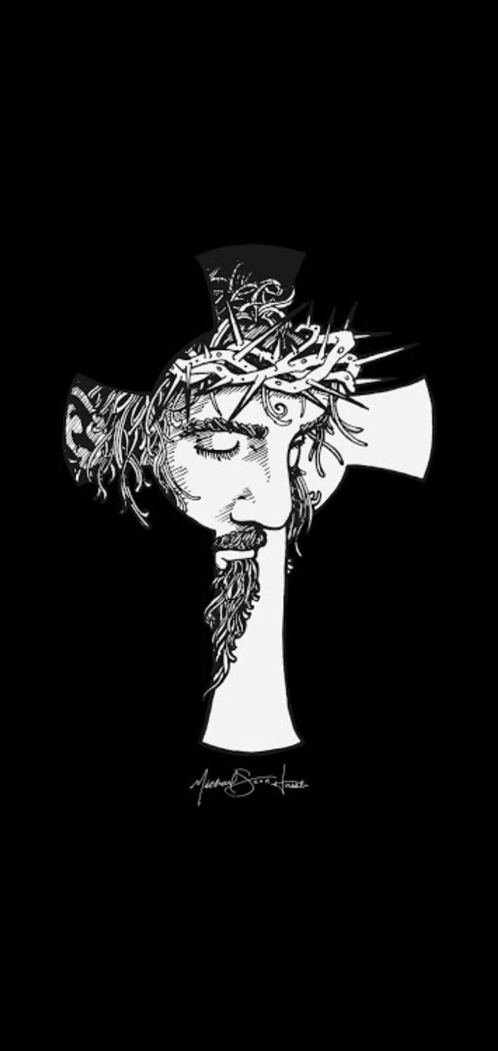 A black and white drawing of a woman with a crown of thorns on her head (deus, god, jesus, jesus cristo)