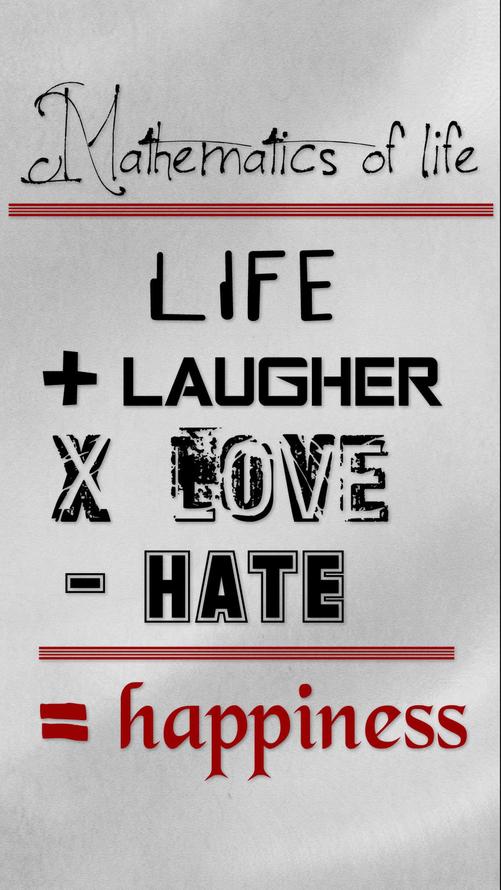 Hay un cartel con una cita que dice vida, risa y amor, odio, felicidad (felicidad, odio, reidor, vida amorosa, matemáticas)