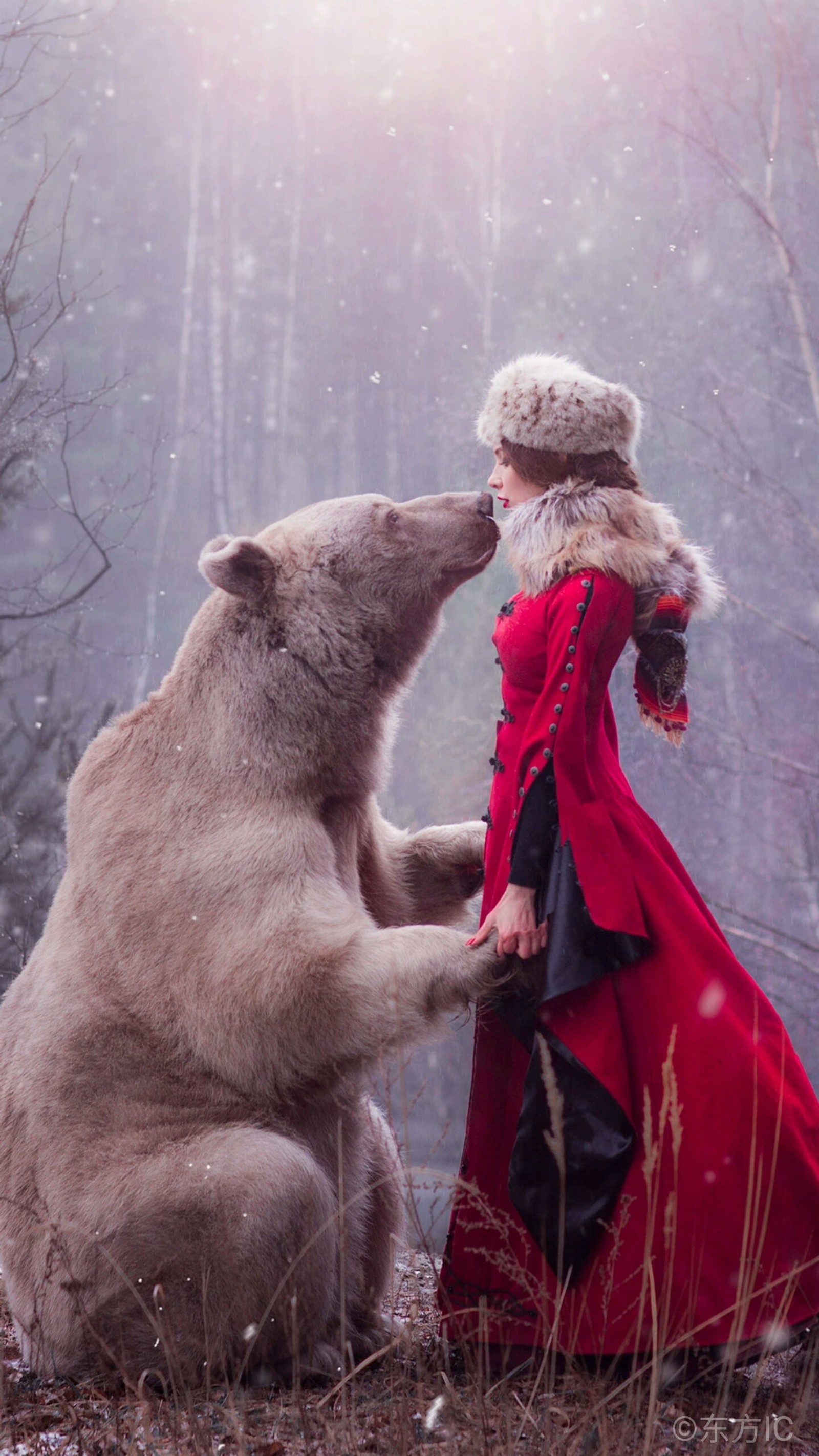 There is a woman in a red dress and a bear (bear, girl, love)