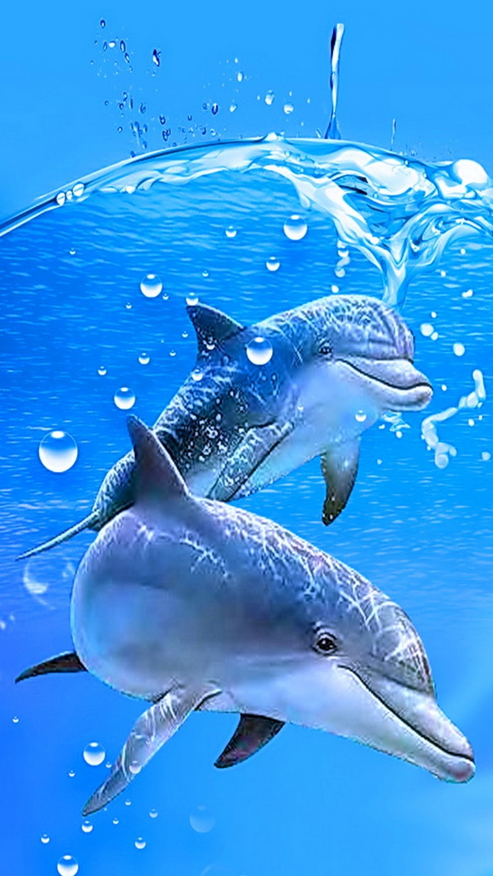 Dolphins swimming in the ocean with bubbles and water droplets (dolphin, sea, water)