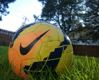 Bola de futebol Nike vibrante descansando em grama exuberante